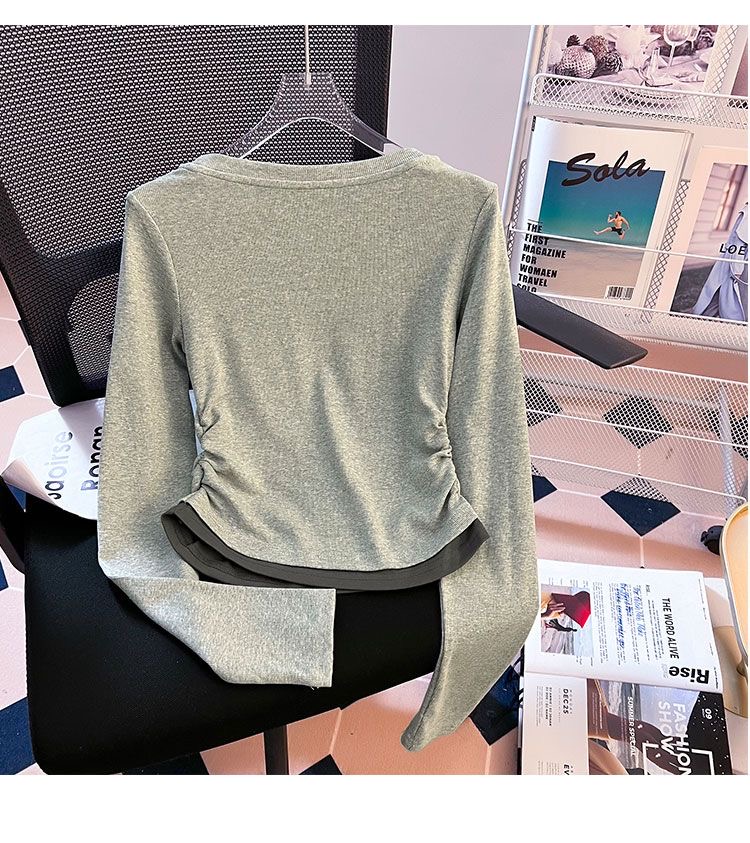 2024 Women's Grey Fake Two Piece Autumn Long Sleeve Top